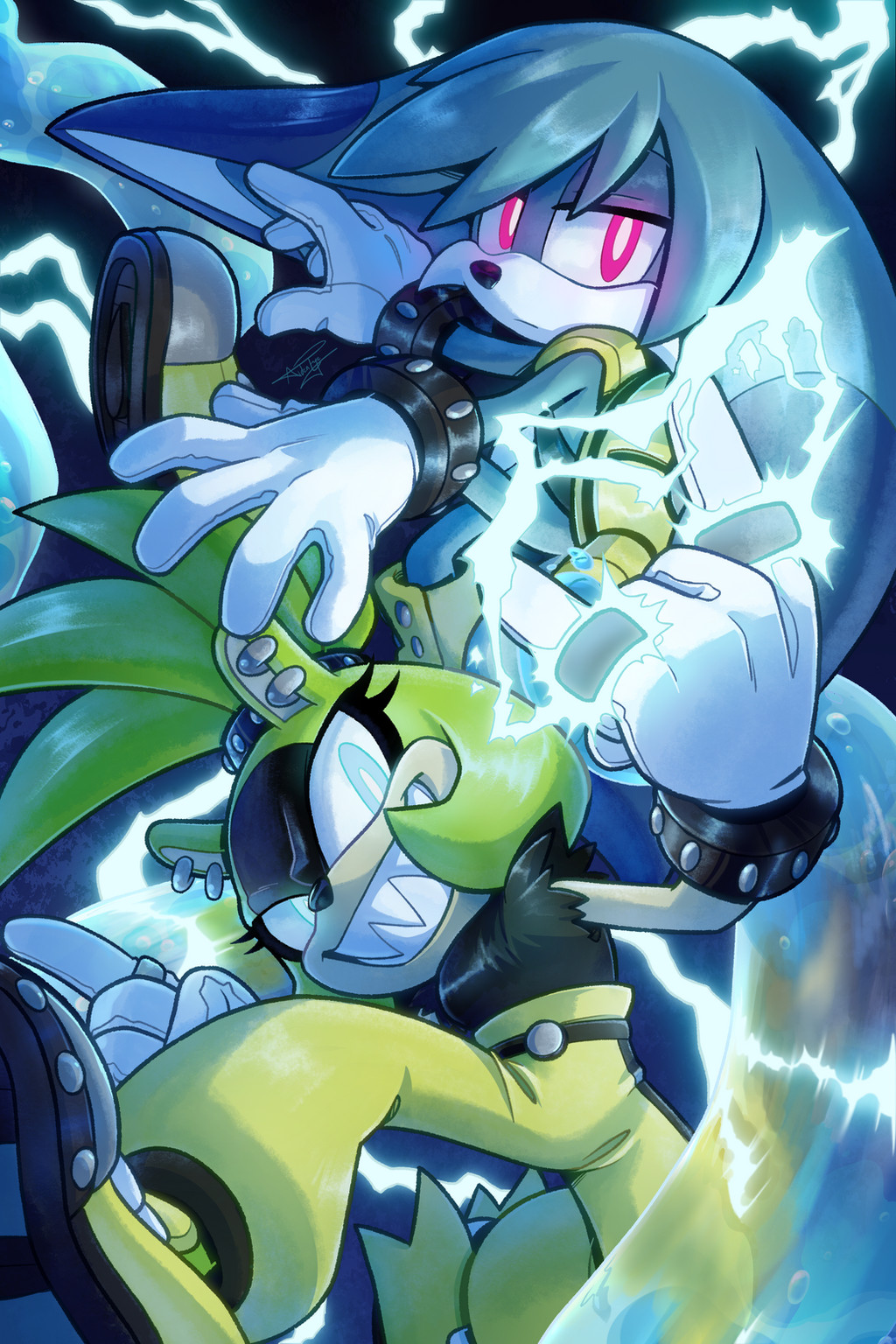 1boy 1girl aideneye99 animal_ear_piercing animal_ears black_shirt blue_eyes bright_pupils electricity furry furry_female furry_male gloves glowing glowing_eyes grin highres jewelry looking_at_viewer mae_the_kitsune pants pink_eyes ring sharp_teeth shirt shoes sleeveless sleeveless_shirt smile sonic_(series) sonic_the_hedgehog_(idw) surge_the_tenrec teeth torn_clothes torn_shirt white_gloves white_pupils yellow_pants