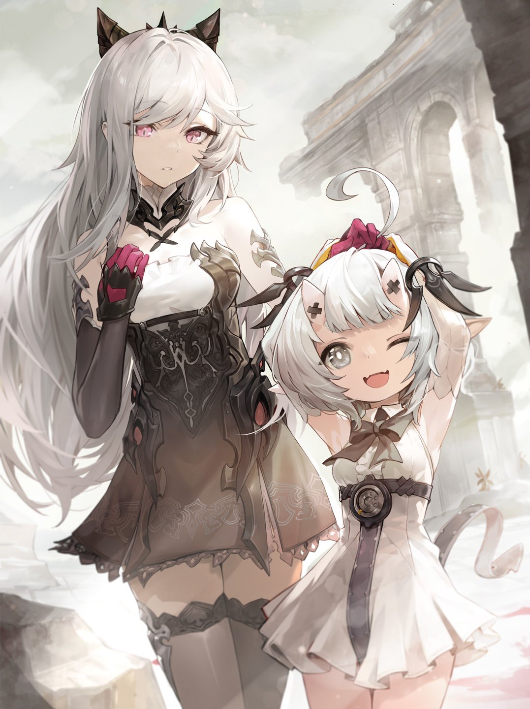 2girls ahoge armpits black_dress black_thighhighs breasts character_request clouds cloudy_sky demon_girl demon_horns detached_sleeves dress duet_night_abyss fangs goomrrat grey_eyes hair_ornament hands_up highres horns long_hair looking_at_viewer medium_breasts multiple_girls open_mouth outdoors red_ribbon ribbon ruins short_hair sky small_breasts smile standing thigh-highs white_dress white_hair