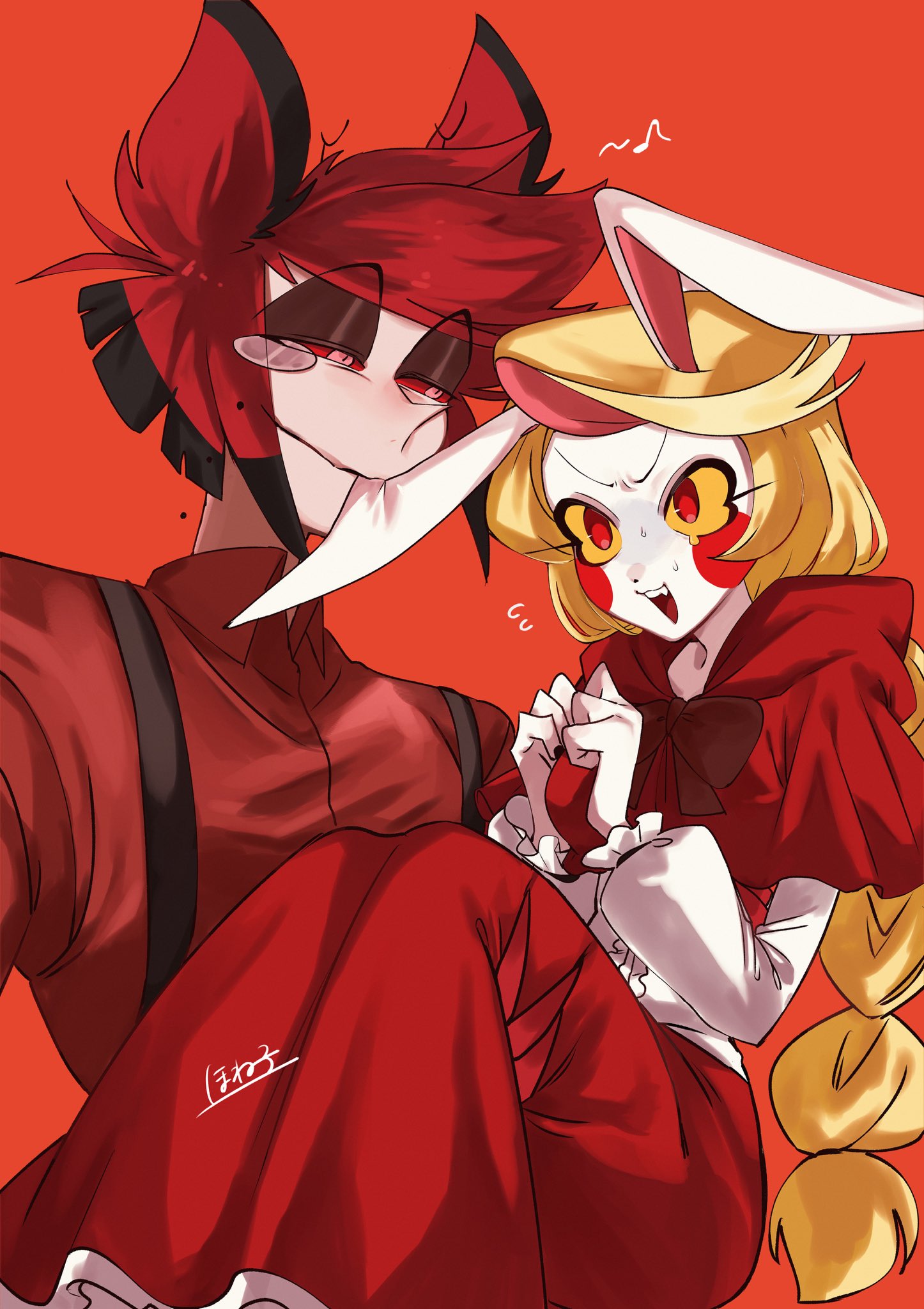 1boy 1girl alastor_(hazbin_hotel) alternate_costume alternate_hairstyle animal_ears black_hair blonde_hair carrying charlie_morningstar colored_sclera commentary_request formal hazbin_hotel highres honeko_06 long_hair multicolored_hair nibbling ponytail princess_carry rabbit_ears red_background red_eyes red_sclera redhead short_hair simple_background suit yellow_sclera