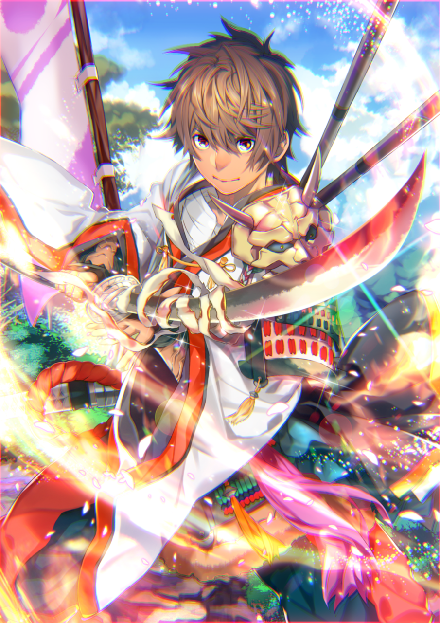 1boy armor blue_sky brown_eyes brown_hair character_request check_character check_copyright closed_mouth clouds commentary_request copyright_request cowboy_shot day fighting_stance fingerless_gloves flag foliage gloves hair_between_eyes highres holding holding_sword holding_weapon japanese_armor japanese_clothes long_sleeves looking_at_viewer male_focus matsu-jun momotarou momotarou_(character) original outdoors short_hair sky smile solo standing sword tan tree weapon