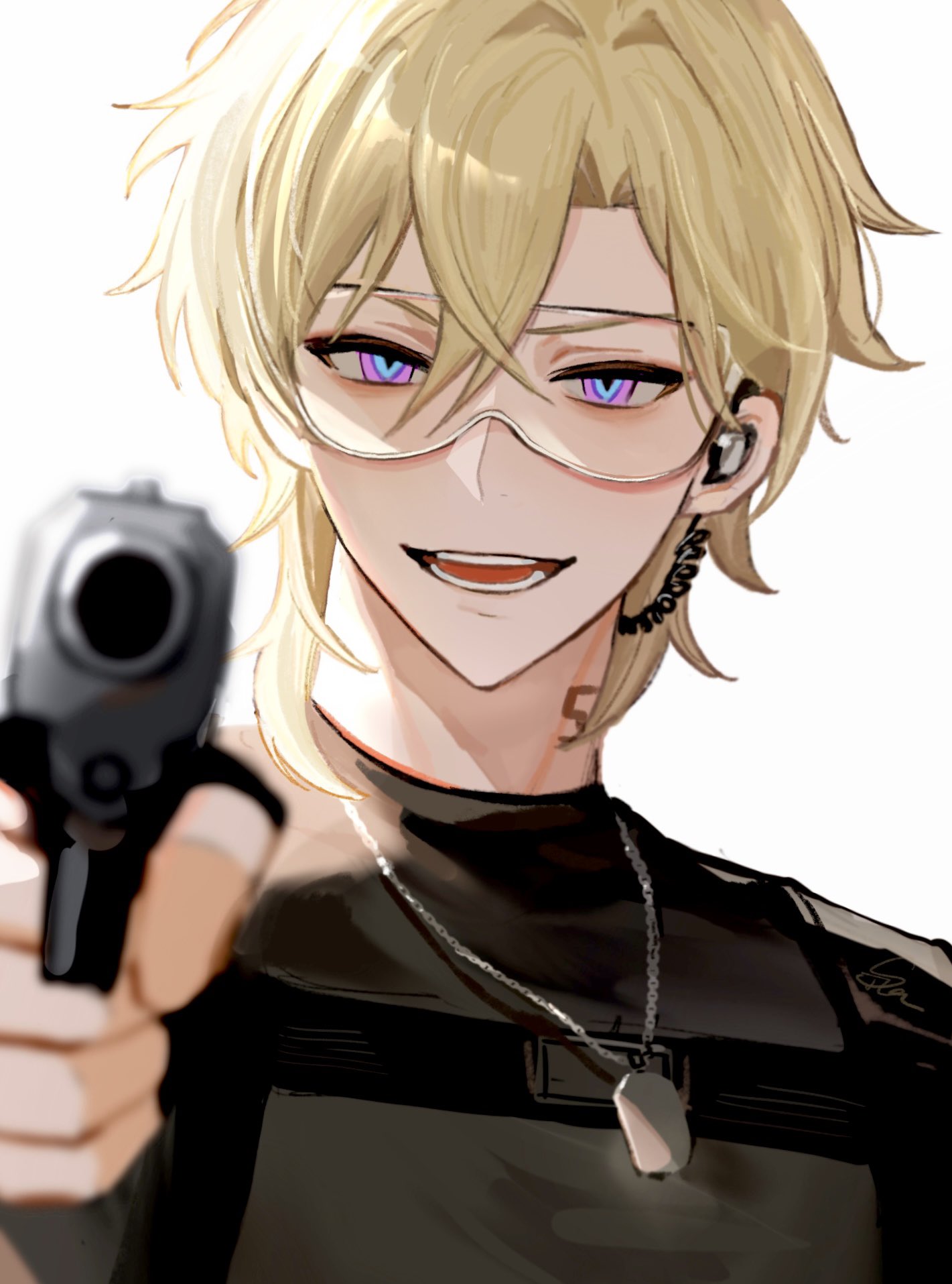 1boy :d aiming aiming_at_viewer artist_name aventurine_(honkai:_star_rail) black_shirt blonde_hair blue_eyes blurry blurry_foreground c_for_cola commentary crossed_bangs dog_tags earpiece gun hair_between_eyes handgun highres holding holding_gun holding_weapon honkai:_star_rail honkai_(series) jewelry looking_at_viewer male_focus multicolored_eyes neck_tattoo necklace official_alternate_costume open_mouth parted_bangs safety_glasses shirt short_hair signature simple_background smile solo symbol-only_commentary tattoo teeth tongue tongue_out upper_body violet_eyes weapon white_background