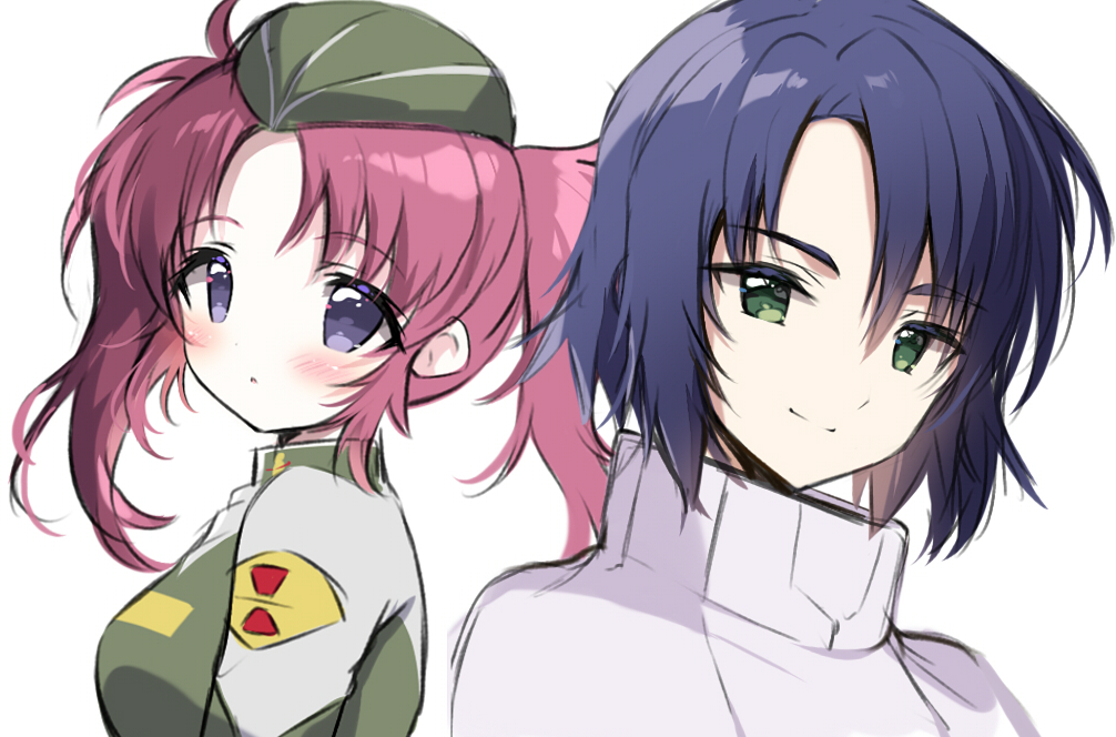 1boy 1girl :o athrun_zala blue_hair breasts character_request check_character closed_mouth commentary_request garrison_cap green_eyes green_hat green_jacket gundam gundam_seed gundam_seed_destiny hair_between_eyes hat jacket medium_breasts meyrin_hawke parted_bangs parted_lips redhead shiratama_(shiratamaco) simple_background smile thick_eyebrows twintails upper_body violet_eyes white_background white_jacket