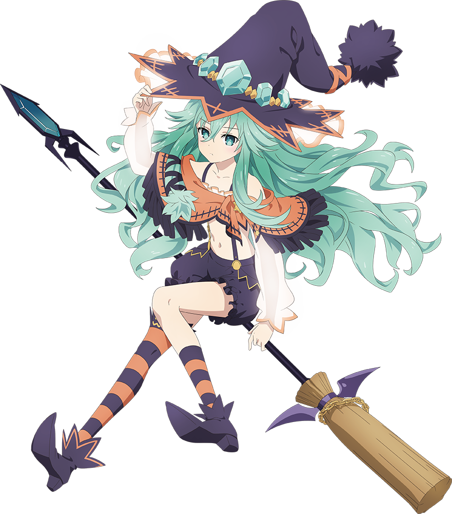 1girl broom broom_riding date_a_live full_body gem green_eyes green_gemstone green_hair hair_between_eyes hat long_hair long_sleeves looking_at_viewer natsumi_(date_a_live) navel official_art purple_footwear solo tachi-e transparent_background witch_hat