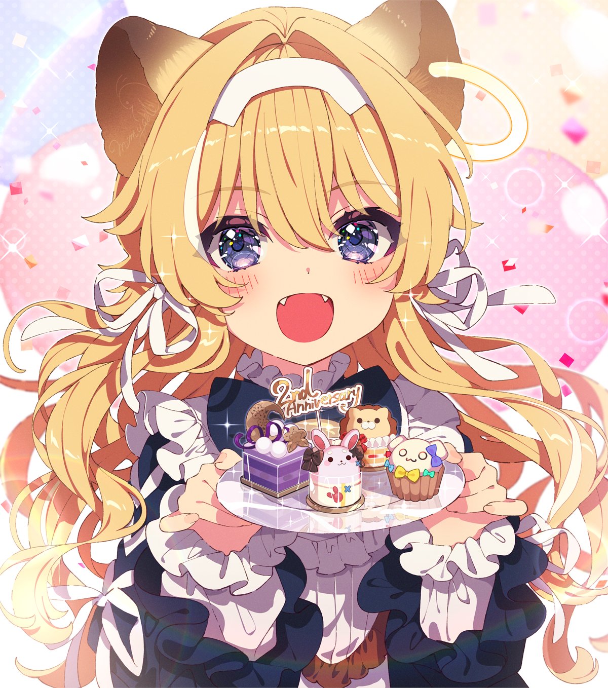 1girl :d animal_ears blonde_hair blush dress food frilled_dress frills hair_ribbon hairband highres holding holding_plate lion_ears lion_girl long_hair looking_at_viewer mamyouda noripro open_mouth plate regrush_lionheart ribbon smile solo sweets violet_eyes virtual_youtuber white_hairband white_ribbon