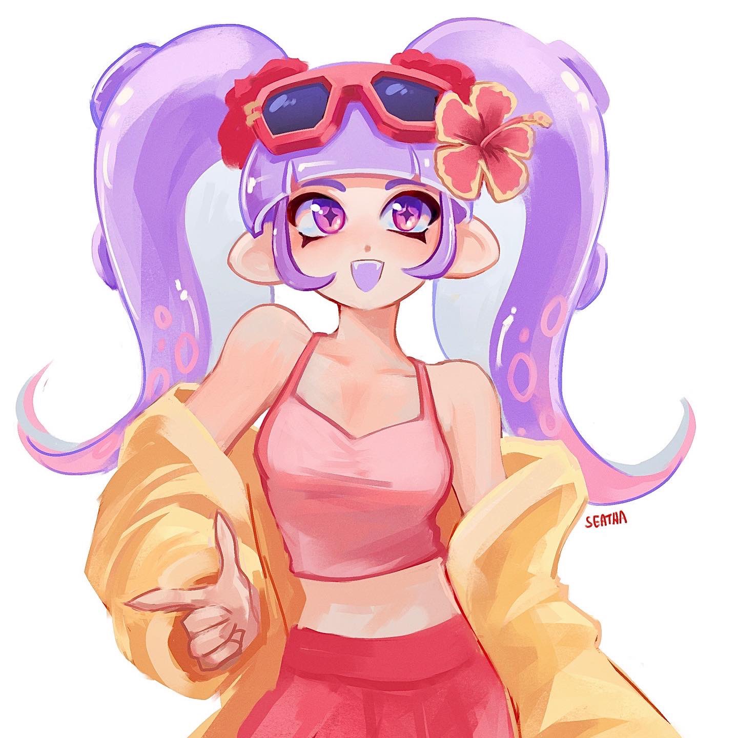 1girl :d commission crop_top english_commentary eyewear_on_head flower hair_flower hair_ornament highres jacket long_hair octoling octoling_girl octoling_player_character open_clothes open_jacket open_mouth pink_shirt purple_hair red-framed_eyewear seatha shirt sidelocks simple_background sleeveless sleeveless_shirt smile solo splatoon_(series) standing star-shaped_pupils star_(symbol) sunglasses symbol-shaped_pupils tentacle_hair twintails violet_eyes white_background yellow_jacket