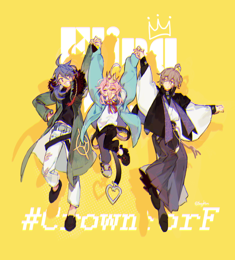 3boys ahoge amemura_ramuda arisugawa_dice arm_up arms_up black_shirt blue_hair blue_jacket brown_hair closed_eyes closed_mouth crown fling_posse gradient_hair green_eyes green_vest hand_up happy hood hood_down hooded_jacket hypnosis_mic jacket jumping looking_at_another looking_to_the_side multicolored_hair multiple_boys neck_ribbon one_eye_closed open_mouth pink_hair pink_ribbon purple_hair ribbon sapphire_(nine) shirt simple_background smile streaked_hair vest violet_eyes white_shirt yellow_background yumeno_gentaro