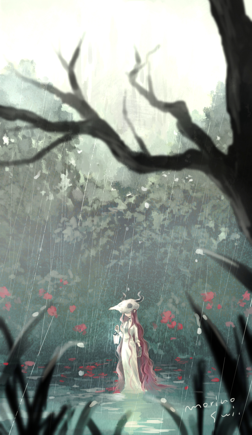 1girl antlers artist_name bare_tree blurry blurry_foreground branch day dress flower grass hat highres holding holding_lantern horns japanese_clothes kimono lantern long_hair morino0903 nature original outdoors petals petals_on_liquid rain red_flower signature skull skull_on_head solo standing tree very_long_hair wading water