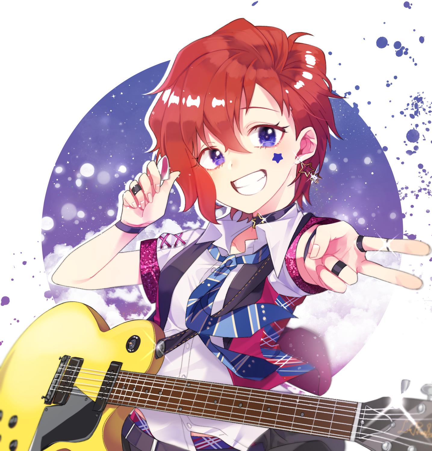 1girl black_choker blue_background blue_eyes blue_necktie blurry blush breasts choker collarbone depth_of_field dot_nose earrings electric_guitar facial_mark glint grin guitar hands_up highres holding holding_plectrum idolmaster idolmaster_million_live! idolmaster_million_live!_theater_days instrument jacket jewelry julia_(idolmaster) looking_at_viewer lunim_(roo_0_0) necktie open_clothes open_jacket plectrum red_jacket redhead ring shirt short_hair short_sleeves small_breasts smile solo star_(symbol) star_choker star_earrings star_facial_mark striped_necktie upper_body v white_shirt