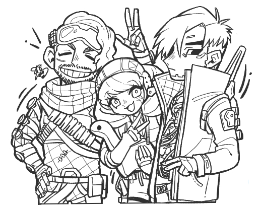 1girl 2boys animification apex_legends belt bodysuit crypto_(apex_legends) facial_hair fingerless_gloves gloves goatee goggles goggles_on_head greyscale holding holding_stuffed_toy hood hood_down hood_up hooded_bodysuit hooded_jacket jacket lineart looking_at_viewer mirage_(apex_legends) monochrome multiple_boys nessie_(respawn) ookamiya818 pants partially_fingerless_gloves short_hair stuffed_toy v v-shaped_eyebrows vest wattson_(apex_legends) white_background