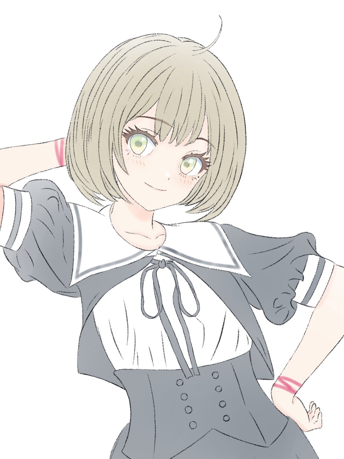 1girl ahoge arm_behind_head assault_lily black_ribbon black_skirt blush buttons closed_mouth commentary_request cropped_jacket green_eyes hand_on_own_head hand_on_own_hip hand_up highres looking_at_viewer mole mole_under_eye neck_ribbon pickles_(picpicpickles) pink_ribbon puffy_short_sleeves puffy_sleeves ribbon school_uniform seike_tomoyo short_hair short_sleeves simple_background skirt smile solo standing underbust upper_body white_background wrist_ribbon yurigaoka_girls_academy_school_uniform