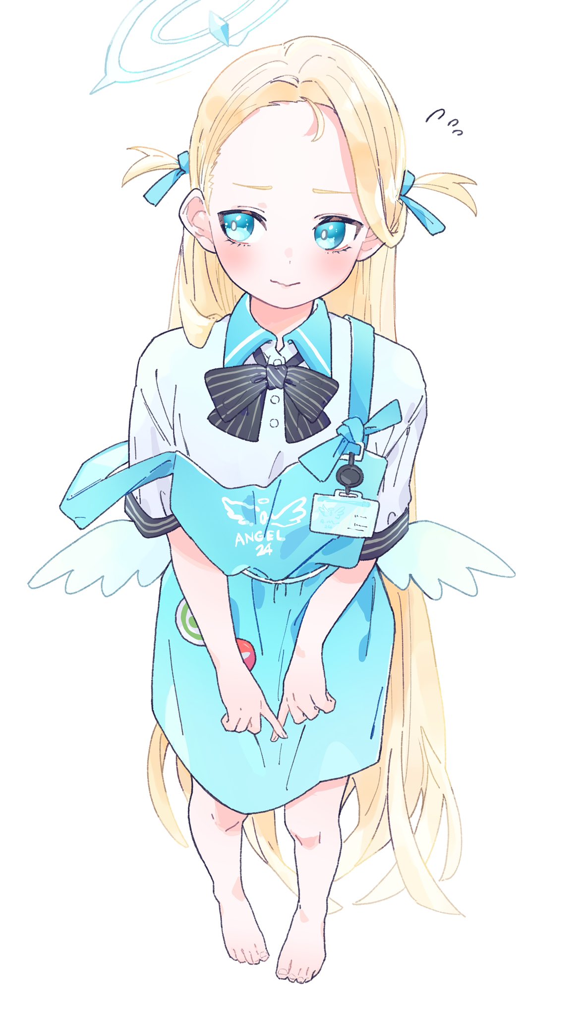 1girl angel's_24_uniform_(blue_archive) angel_wings apron barefoot black_bow black_bowtie blonde_hair blue_apron blue_archive blue_eyes blue_halo blush bow bowtie closed_mouth collared_shirt full_body halo highres long_hair polo_shirt shirt short_sleeves simple_background solo sora_(blue_archive) toes two_side_up valentine_(02140314c) white_background white_shirt white_wings wings