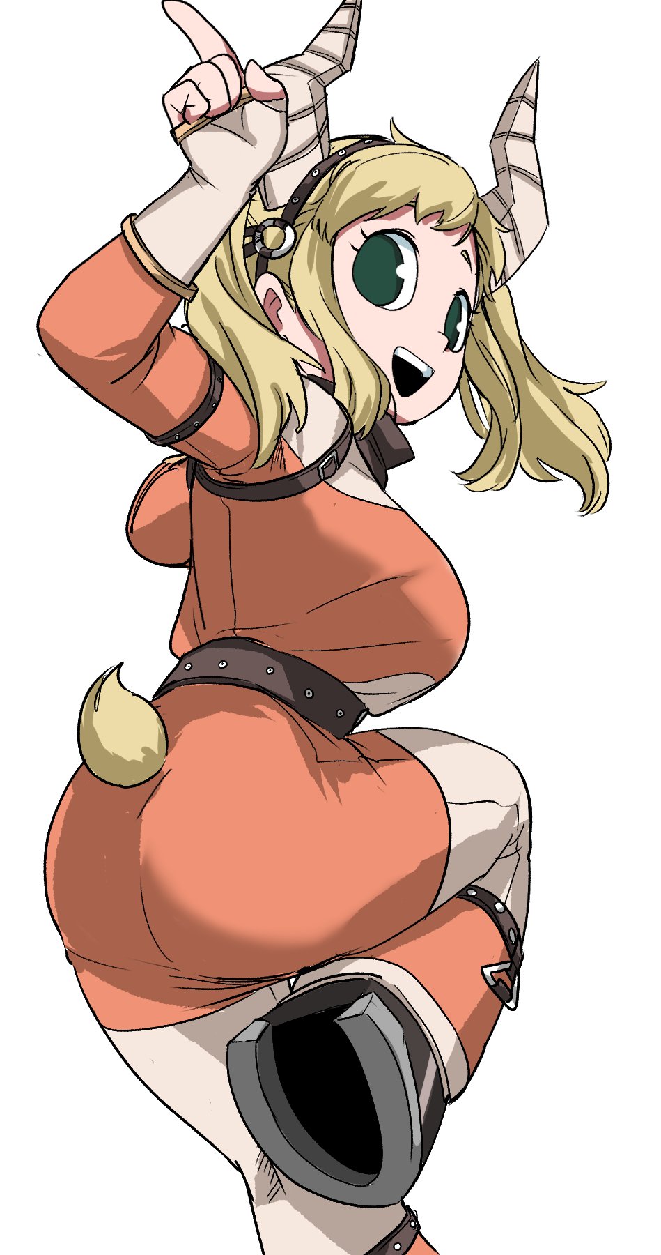 1girl ass belt blonde_hair boku_no_hero_academia dress fingerless_gloves gloves green_eyes highres horns horseshoe i_yo_ka looking_at_viewer looking_back medium_hair open_mouth pink_dress pointing pointing_up sidelocks solo standing standing_on_one_leg tail tsunotori_pony white_background wide-eyed