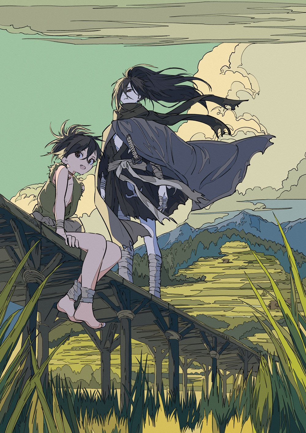 1boy 1girl bandages barefoot black_eyes black_hair cloak clouds cogecha commentary_request dororo_(character) dororo_(tezuka) guest_art highres hyakkimaru_(dororo) japanese_clothes katana kimono long_hair looking_at_viewer mountain nature open_mouth outdoors ponytail scarf scenery short_hair sitting sky smile sword weapon