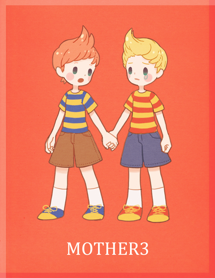2boys arm_at_side black_eyes blonde_hair blue_footwear blue_shorts blush_stickers brothers brown_hair brown_shorts claus_(mother_3) copyright_name crying holding_hands lucas_(mother_3) male_focus memi_(gamemix) mother_(game) mother_3 multiple_boys open_mouth red_footwear shirt shoes short_hair shorts siblings sneakers socks solid_oval_eyes striped_clothes striped_shirt white_socks