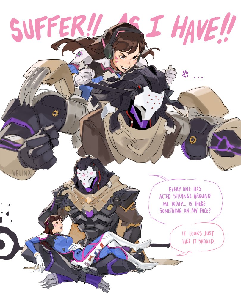 1boy 1girl anger_vein brown_cape brown_eyes brown_hair cape carrying couple d.va_(overwatch) english_text eye_contact facial_mark gloves grabbing_another's_hair hand_on_own_stomach headphones hetero humanoid_robot long_hair looking_at_another lying_on_person multiple_views overwatch overwatch_2 piggyback pilot_suit ramattra_(overwatch) robot simple_background sitting sitting_on_lap sitting_on_person talking velinxi whisker_markings white_background white_gloves
