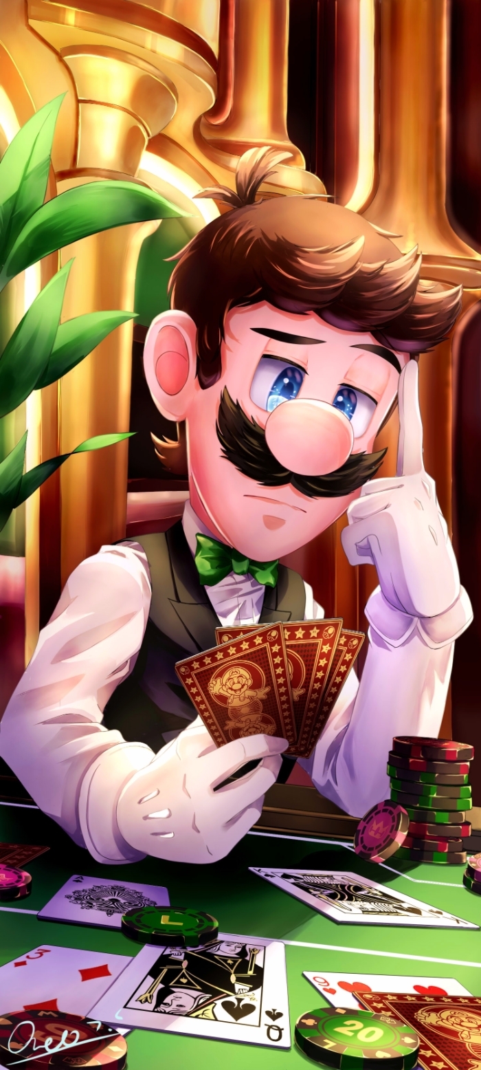 1boy :| aoriao black_suit blue_eyes bow brown_hair card casino casino_card_table closed_mouth english_commentary facial_hair gloves green_bow highres holding holding_card luigi mustache new_super_mario_bros. playing_card poker poker_chip short_hair signature suit super_mario_64_ds super_mario_bros. table thinking white_gloves