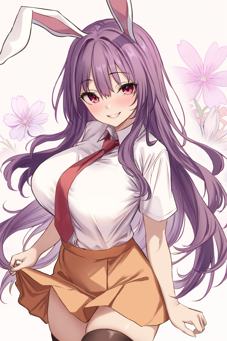 1girl animal_ears black_thighhighs blush breasts collared_shirt cowboy_shot flower grin hair_between_eyes large_breasts long_hair looking_at_viewer necktie orange_skirt pink_flower pleated_skirt purple_hair rabbit_ears red_eyes red_necktie reisen_udongein_inaba shirt short_sleeves skirt smile solo thigh-highs touhou white_shirt xialuluo_(sharuro)