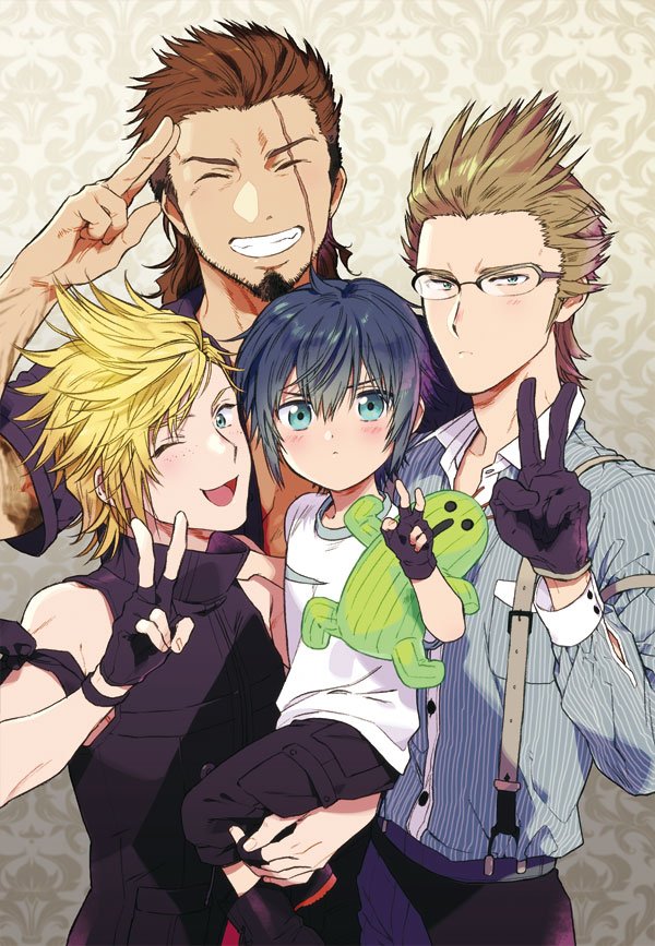 4boys :&lt; ;3 aged_down aqua_eyes arm_tattoo beard black_footwear black_pants blonde_hair blue_hair blush brown_hair child closed_eyes closed_mouth collarbone facial_hair final_fantasy final_fantasy_xv gladiolus_amicitia glasses gloves hair_slicked_back holding ignis_scientia in-franchise_crossover light_blush light_brown_hair long_sideburns looking_at_viewer male_focus mature_male medium_hair mullet multiple_boys noctis_lucis_caelum one_eye_closed open_mouth pants prompto_argentum salute scar scar_across_eye scar_on_face shirt short_hair sideburns sleeveless sleeveless_turtleneck smile spiky_hair striped_clothes striped_shirt stubble tattoo teeth turtleneck undercut v white_shirt zekkyou_(h9s9)