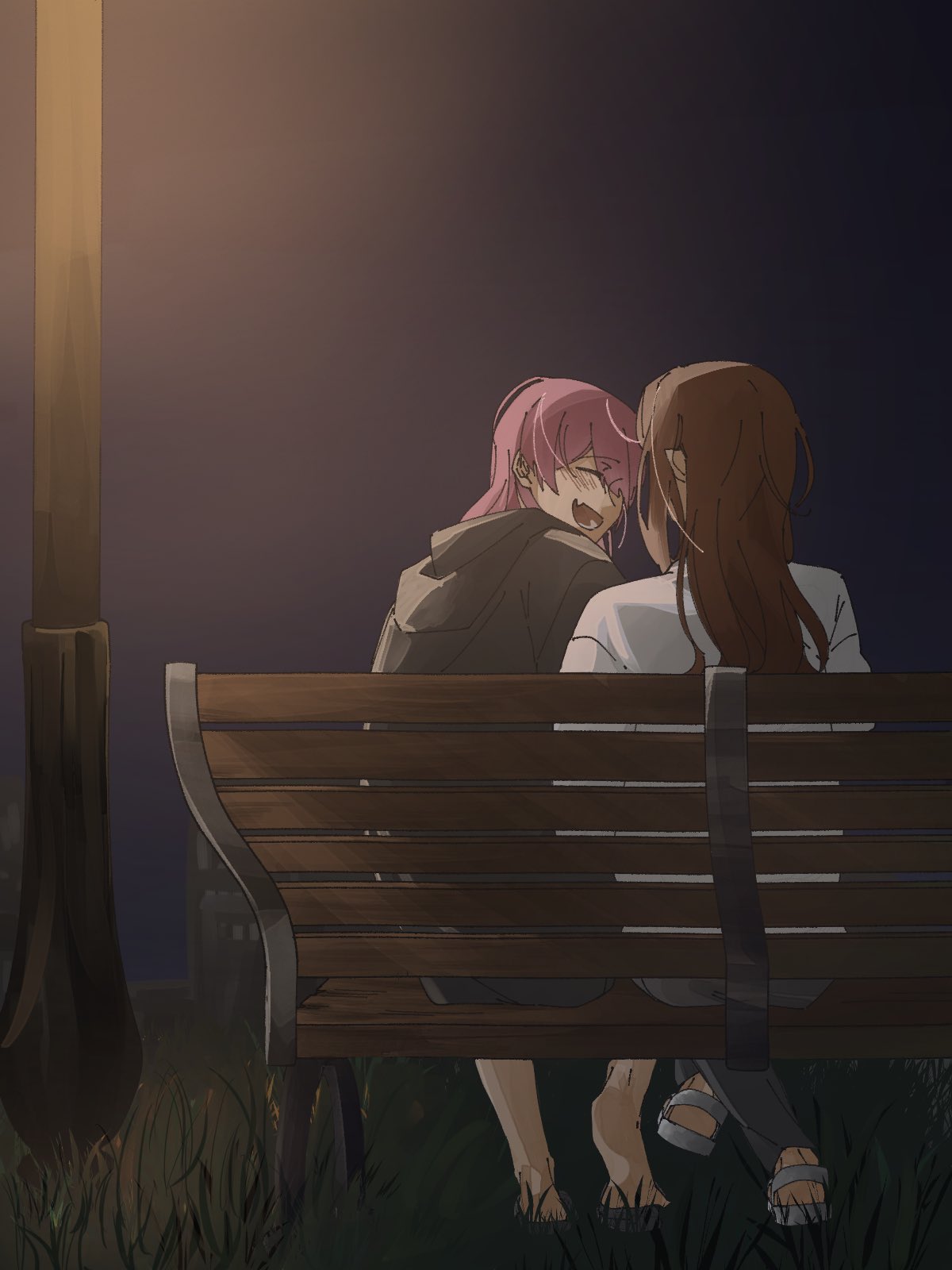 2girls bang_dream! bang_dream!_it's_mygo!!!!! bench black_hoodie brown_hair chihaya_anon closed_eyes commentary_request crossed_legs facing_another fang grass highres hood hood_down hoodie kanaha_lazy long_hair multiple_girls nagasaki_soyo night open_mouth outdoors park_bench pink_hair shirt sidelocks sitting skin_fang white_shirt