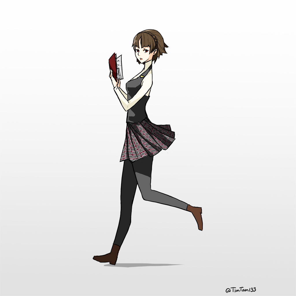 1girl artist_name book brown_footwear brown_hair commentary english_commentary from_side grey_vest holding holding_book looking_at_viewer niijima_makoto parted_lips persona persona_5 plaid plaid_skirt red_eyes running shadow shirt short_hair simple_background skirt solo timtam turtleneck vest white_background white_shirt