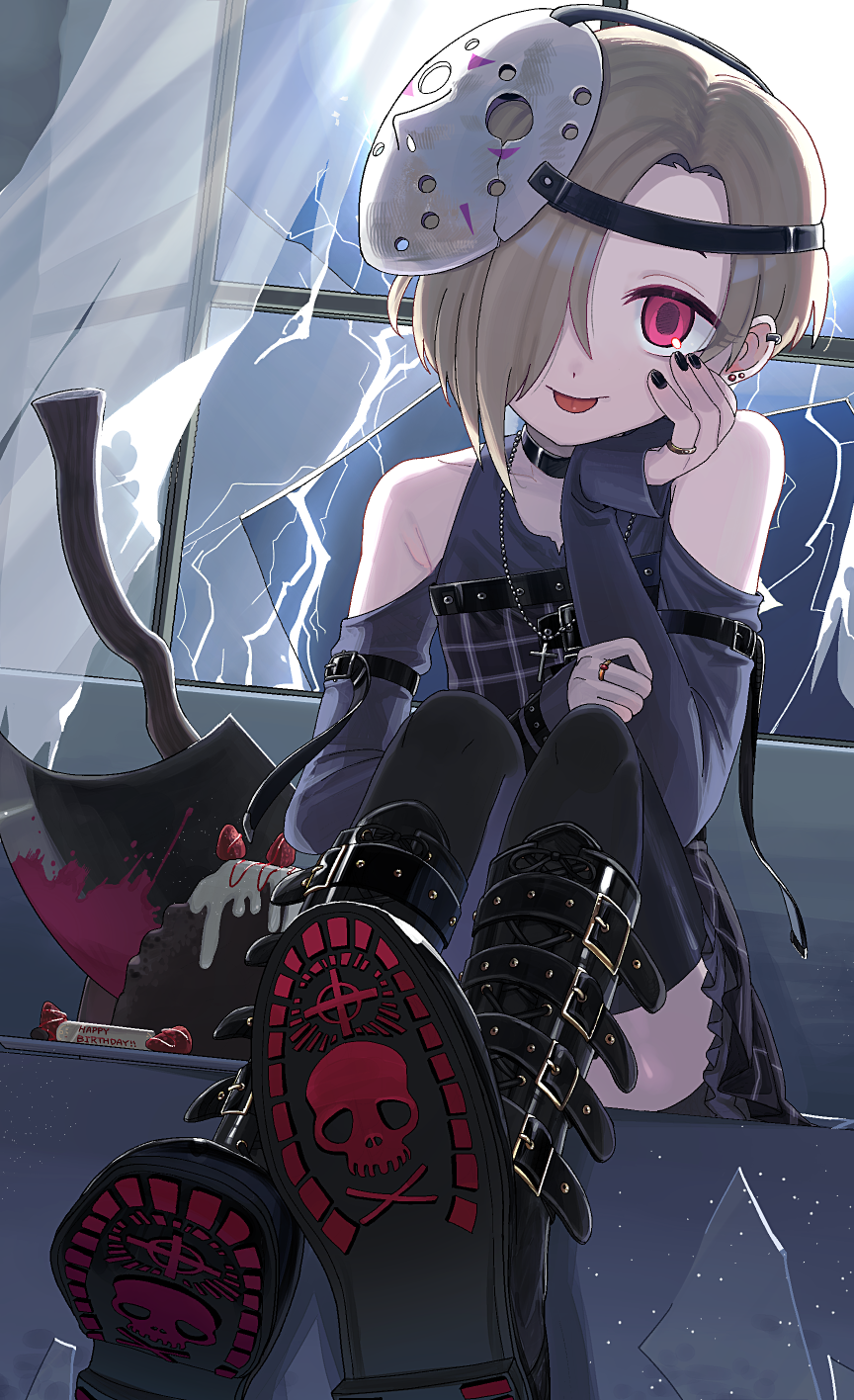 1girl :p axe bare_shoulders belt_boots black_choker black_nails black_skirt black_thighhighs blonde_hair blood_on_axe boots broken_window cake choker clothing_cutout cross cross_necklace curtains flat_chest food full_moon hair_over_one_eye happy_birthday highres hockey_mask idolmaster idolmaster_cinderella_girls jewelry looking_at_viewer lvetica mask mask_on_head moon necklace night pink_eyes ring shirasaka_koume shirt shoe_soles short_hair shoulder_cutout sitting skirt skull_print sleeves_past_wrists smile solo thigh-highs tongue tongue_out window