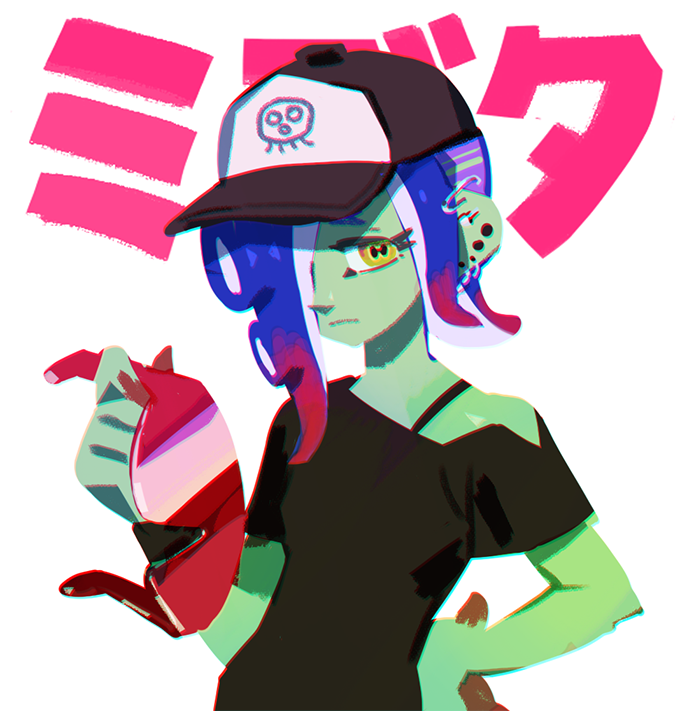 1girl 2gold baseball_cap blue_hair cephalopod_eyes colored_skin colored_tips commentary_request dedf1sh eyelashes green_skin hair_over_one_eye hand_on_own_hip hat holding holding_removed_eyewear korean_commentary long_hair multicolored_hair octoling print_headwear red-tinted_eyewear redhead sanitized_(splatoon) simple_background solo splatoon_(series) splatoon_3 splatoon_3:_side_order tentacle_hair tinted_eyewear translation_request two-tone_hair unworn_eyewear upper_body white_background yellow_eyes