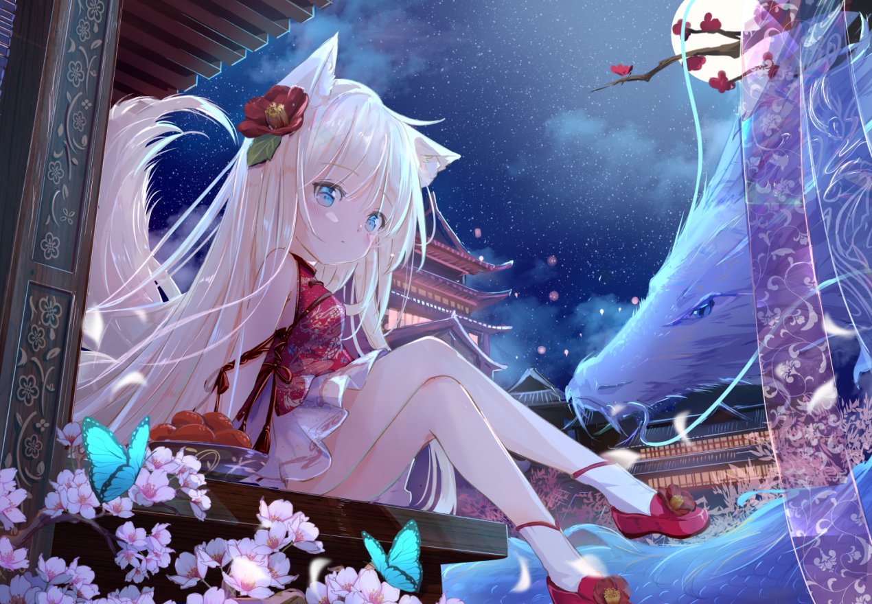 1girl animal_ears blonde_hair blue_eyes bug butterfly china_dress chinese_clothes closed_mouth dragon dress flower hair_flower hair_ornament long_hair looking_at_viewer nekomia night night_sky original peas_(peas0125) sky solo