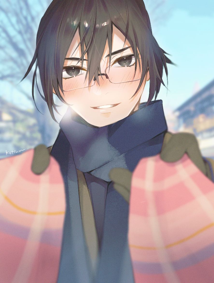 1boy adjusting_another's_clothes bare_tree black_eyes black_hair blue_sky blush breath clear_sky commentary_request day glasses gloves grey_gloves grey_scarf grin hair_between_eyes kisaragi_ren_(mahjong_soul) kotsuru_kari long_bangs looking_at_viewer mahjong_soul male_focus outdoors pink_scarf pov rimless_eyewear scarf short_hair sky smile solo tree upper_body