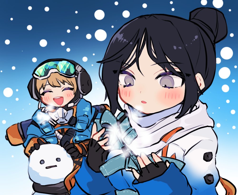 ^_^ animification apex_legends black_gloves black_hair blonde_hair blue_jacket blush closed_eyes current_champ_wattson fingerless_gloves flashpoint_wraith gloves goggles goggles_on_head gradient_jacket grey_eyes hair_behind_ear hair_bun jacket looking_down mask mask_around_neck official_alternate_costume open_mouth riku_(ururi7610) single_hair_bun smile snowing snowman wattson_(apex_legends) white_jacket wraith_(apex_legends)
