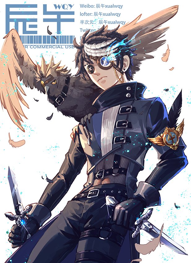 1girl animal_on_shoulder armband badge belt belt_buckle bird bird_on_shoulder black_belt black_coat black_eyes black_feathers black_gloves black_hair black_pants blue_eyes blue_fire buckle button_eyes buttons closed_mouth coat cowboy_shot cropped_jacket dagger dual_wielding earrings eli_clark eli_clark_("noir") expressionless eyewear_strap falling_feathers feathers fire fishnet_top fishnets flaming_eye gloves harness hawk heterochromia high_collar holding holding_dagger holding_knife holding_weapon identity_v jewelry knife long_sleeves looking_at_viewer male_focus monocle multicolored_hair o-ring o-ring_thigh_strap official_alternate_costume pants reverse_grip see-through_midriff short_hair sleeve_cuffs standing streaked_hair stud_earrings swept_bangs thigh_strap weapon white_background white_hair xualwqy zipper zipper_pull_tab