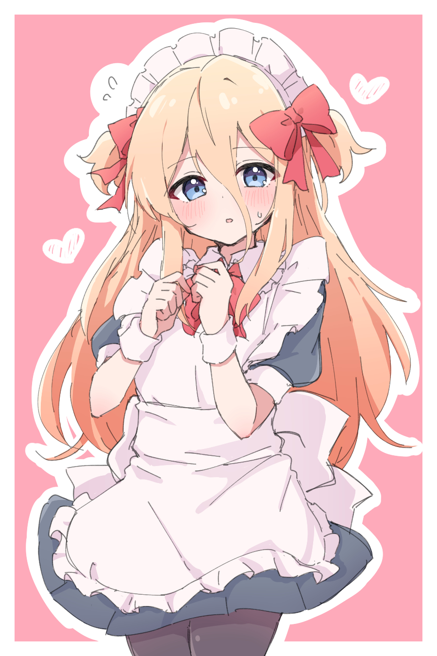 1girl :o apron back_bow black_pantyhose blue_dress blue_eyes blush border bow bowtie commentary_request cowboy_shot dress flying_sweatdrops hair_between_eyes hands_up heart highres long_hair looking_at_viewer maid maid_apron maid_headdress mizukena_(pokesun) open_mouth orange_hair original outline outside_border pantyhose partial_commentary pink_background puffy_short_sleeves puffy_sleeves red_bow red_bowtie short_sleeves sidelocks sweatdrop two_side_up white_border white_bow white_outline white_wrist_cuffs wrist_cuffs