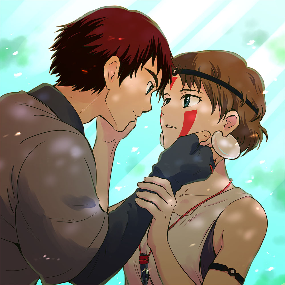 1girl 1man anime ashitaka brown_hair couple ghibli hime_(splatoon) marker mononoke_hime ship