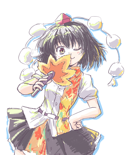 1girl aokukou black_hair black_skirt breasts closed_mouth collared_shirt commentary cowboy_shot hand_fan hand_on_own_hip hat hauchiwa holding holding_fan one_eye_closed pom_pom_(clothes) red_hat shameimaru_aya shirt short_hair short_sleeves simple_background skirt small_breasts smile solo tokin_hat touhou white_background white_shirt