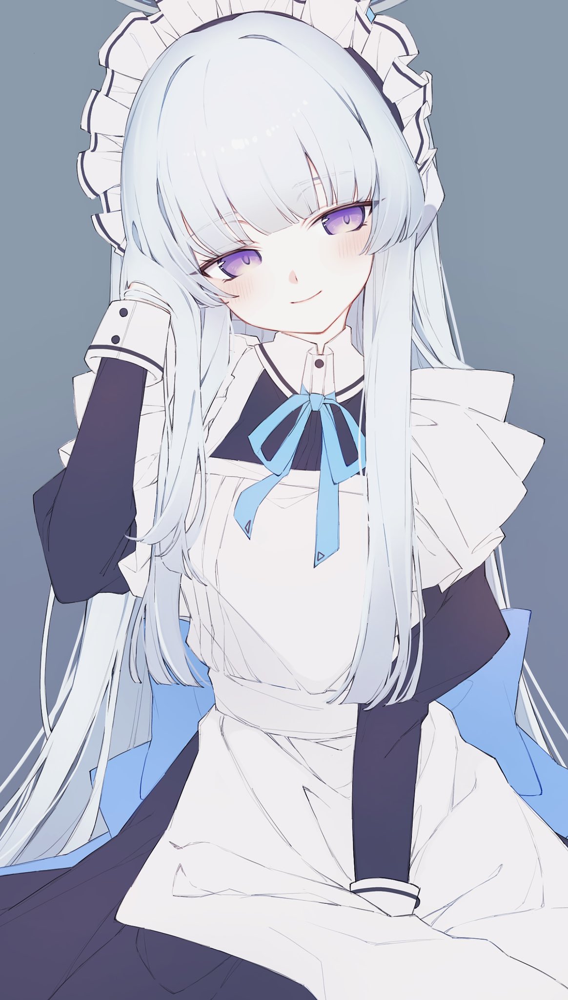 1girl alternate_costume apron black_dress blue_archive blush closed_mouth dress enmaided frilled_apron frills gradient_background grey_hair highres hk_nnm long_hair long_sleeves looking_at_viewer maid maid_apron maid_headdress noa_(blue_archive) smile solo violet_eyes white_apron