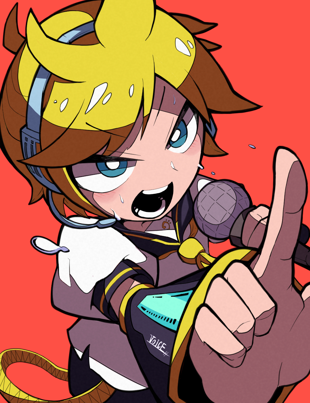 1boy bass_clef bis814 black_sailor_collar black_shorts black_sleeves blonde_hair blue_eyes detached_sleeves foreshortening headphones headset highres holding holding_microphone index_finger_raised kagamine_len male_focus microphone music necktie open_mouth pointing red_background sailor_collar sailor_shirt serious shirt short_sleeves shorts singing sweat teeth v-shaped_eyebrows vocaloid white_shirt yellow_necktie
