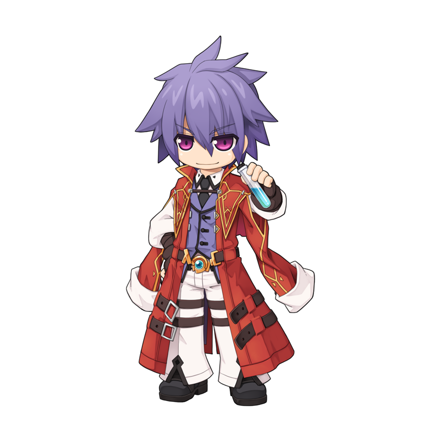 1boy biolo_(ragnarok_online) black_footwear black_gloves black_necktie chibi closed_mouth coat collared_shirt fingerless_gloves full_body gloves hair_between_eyes hand_on_own_hip high_collar holding_vial long_bangs long_sleeves looking_at_viewer male_focus necktie official_art open_clothes open_coat pants potion pouch purple_hair purple_vest ragnarok_online red_coat shirt shoes short_hair simple_background smile solo standing tachi-e thigh_pouch transparent_background v-shaped_eyebrows vest vial violet_eyes white_pants white_shirt yuichirou