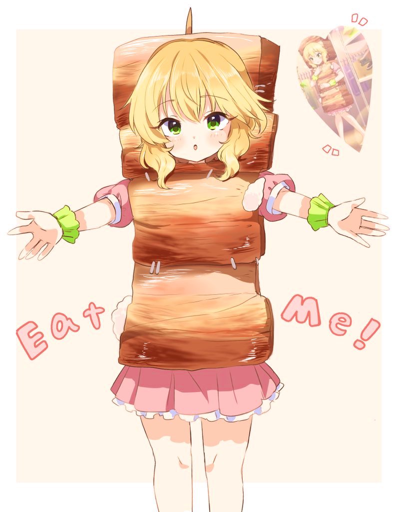 1girl :o blonde_hair blush commentary dress food_costume frilled_wristband green_eyes green_wristband hair_between_eyes idolmaster idolmaster_cinderella_girls looking_at_viewer medium_hair official_alternate_costume outstretched_arms pink_background pink_dress puffy_short_sleeves puffy_sleeves remiri_nicoeli sakurai_momoka short_sleeves sidelocks solo thighs wavy_hair