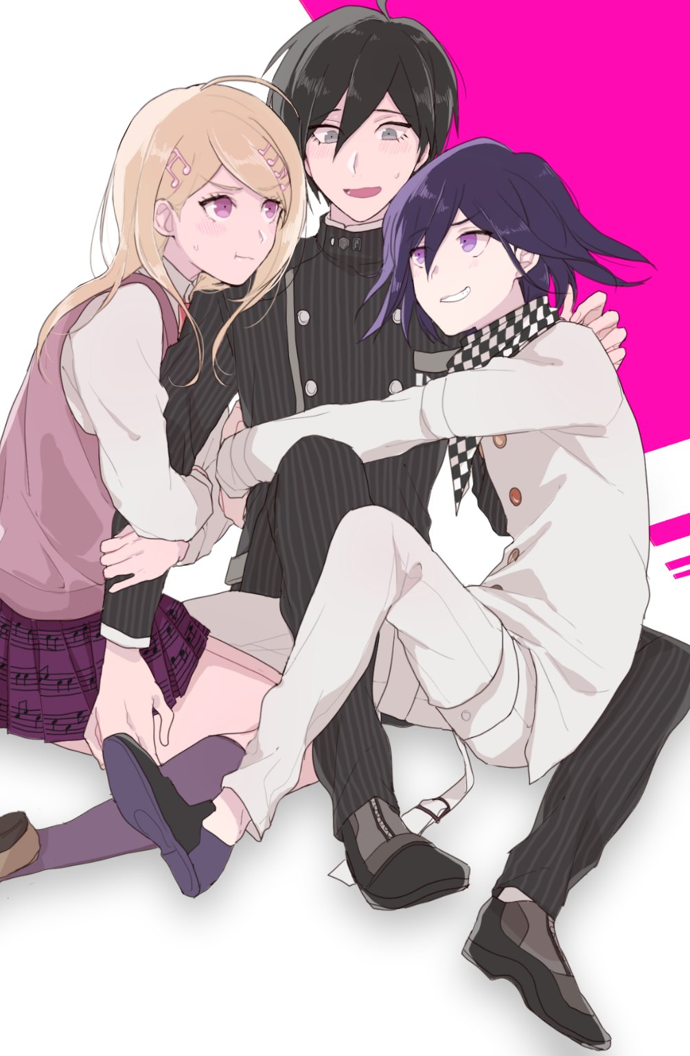1girl 2boys :t ahoge akamatsu_kaede arm_around_neck arm_belt arms_around_waist belt belt_buckle bisexual_male black_hair black_jacket black_pants black_scarf black_sleeves blonde_hair brown_footwear buckle buttons checkered_clothes checkered_scarf collared_jacket collared_shirt danganronpa_(series) danganronpa_v3:_killing_harmony double-breasted eyelashes fingernails full_body furrowed_brow grey_eyes grin hair_ornament hand_on_another's_back high_collar highres holding_another's_arm hrwt_dayo hug jacket kneehighs layered_sleeves long_hair long_sleeves looking_at_another lower_teeth_only miniskirt multiple_belts multiple_boys musical_note musical_note_hair_ornament musical_note_print necktie nervous_smile oma_kokichi open_mouth orange_necktie pale_skin pants pink_background pink_eyes pink_skirt pink_vest pinstripe_jacket pinstripe_pants pinstripe_pattern pleated_skirt pout purple_hair purple_socks saihara_shuichi scarf shirt shoes short_hair simple_background sitting sitting_on_lap sitting_on_person skirt smile socks sweat sweatdrop teeth thigh_belt thigh_strap third-party_source two-tone_background two-tone_scarf vertical-striped_sleeves vest violet_eyes white_background white_belt white_jacket white_pants white_scarf white_shirt white_sleeves white_socks yokozuwari