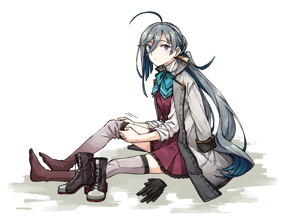 1girl ahoge black_gloves blue_bow blue_bowtie blue_hair boots bow bowtie coat coat_on_shoulders cross-laced_footwear dress dressing full_body gloves grey_hair grey_thighhighs hair_between_eyes hair_ribbon kantai_collection kiyoshimo_(kancolle) kiyoshimo_kai_ni_(kancolle) lace-up_boots long_hair looking_at_viewer miroku_san-ju multicolored_hair purple_dress ribbon shirt shoes simple_background sitting solo thigh-highs twintails unworn_gloves unworn_shoes very_long_hair violet_eyes white_shirt