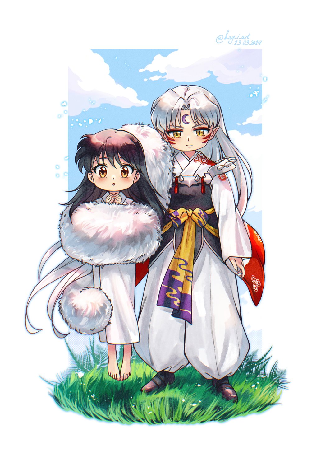 1boy 1girl armor barefoot black_hair blue_sky blush boots border brown_eyes chibi claws clouds cloudy_sky crescent crescent_facial_mark dated demon_boy eyeshadow facial_hair facial_mark fingernails floating forehead_mark full_body fur_trim grass hakama highres inuyasha japanese_armor japanese_clothes kay-i kimono long_hair makeup outdoors own_hands_together parted_bangs parted_lips pointy_ears red_eyeshadow rin_(inuyasha) sesshoumaru sharp_fingernails shoulder_spikes sky slit_pupils spikes twitter_username white_border white_fur white_hair white_hakama white_kimono yellow_eyes