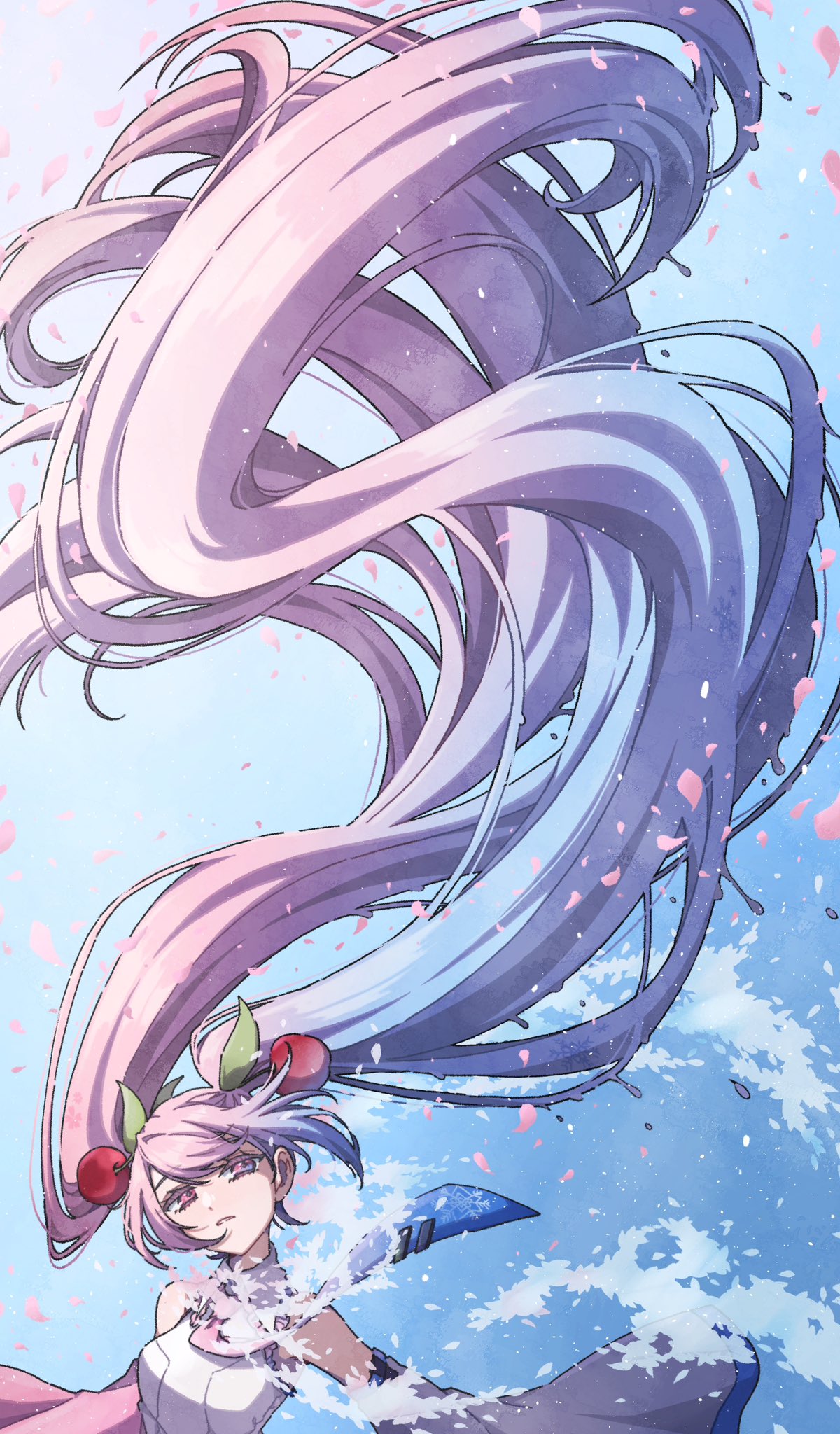 1girl absurdly_long_hair asymmetrical_sleeves bare_shoulders blue_eyes blue_necktie blue_sky cherry_blossoms cherry_hair_ornament commentary detached_sleeves domidomi444 dripping falling_petals floating_hair food-themed_hair_ornament grey_sleeves hair_ornament hatsune_miku highres long_hair looking_up mismatched_sleeves multicolored_eyes multicolored_hair necktie parted_lips petals pink_eyes pink_necktie pink_sleeves sakura_miku shirt sky sleeveless sleeveless_shirt snowflake_print solo transformation twintails upper_body very_long_hair vocaloid white_shirt wind yuki_miku yuki_miku_(2010)