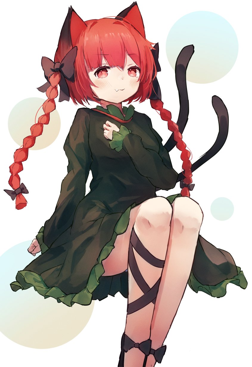 1girl animal_ears ar_(maeus) arm_at_side black_bow black_ribbon blunt_bangs blush bow braid cat_ears cat_girl cat_tail closed_mouth commentary dress fang feet_out_of_frame frilled_dress frilled_sleeves frills gothic_lolita green_dress hair_bow hand_up highres kaenbyou_rin knees_up leg_ribbon legs_together lolita_fashion long_hair looking_at_viewer multiple_tails red_eyes redhead ribbon simple_background sitting skin_fang sleeves_past_wrists slit_pupils smile solo tail tail_raised tareme touhou twin_braids two_tails white_background