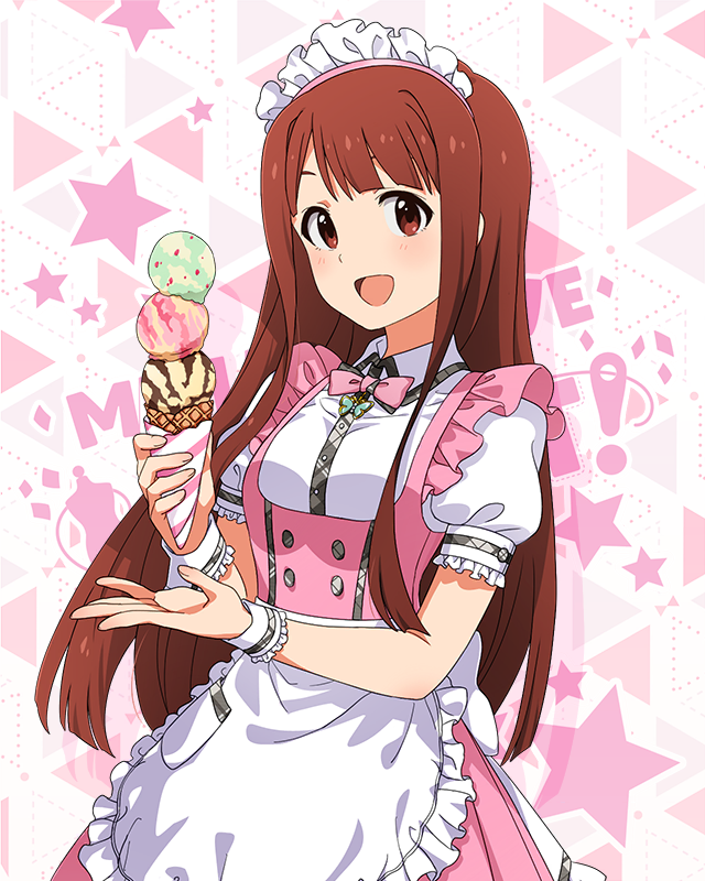 1girl :d apron blush bow bowtie breasts butterfly_ornament dot_nose dress food frilled_apron frilled_skirt frills holding holding_ice_cream_cone ice_cream ice_cream_cone idolmaster idolmaster_million_live! idolmaster_million_live!_theater_days long_hair looking_at_viewer maid_headdress official_alternate_costume official_art open_mouth parted_bangs pink_bow pink_bowtie pink_dress pretty_waitress_(idolmaster) puffy_short_sleeves puffy_sleeves red_eyes redhead shirt short_sleeves sidelocks skirt small_breasts smile solo standing starry_background straight_hair thigh-highs triple_scoop upper_body waist_apron waitress white_apron white_shirt white_thighhighs wrist_cuffs