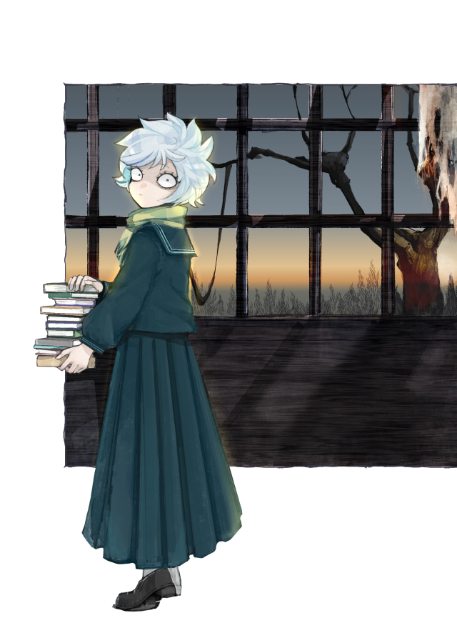 1girl abandoned bare_tree black_eyes black_footwear blue_sailor_collar blue_serafuku blue_shirt blue_skirt book book_stack closed_mouth constricted_pupils from_side full_body gradient_sky green_scarf grey_hair grey_sky haze holding holding_book kankyou_(lotus_1h) let's_go_kaikigumi loafers long_skirt long_sleeves looking_at_viewer looking_to_the_side mechako_(let's_go_kaikigumi) pleated_skirt sailor_collar scarf school_uniform serafuku shirt shoes short_hair skirt sky solo standing torn_curtains tree wide-eyed window