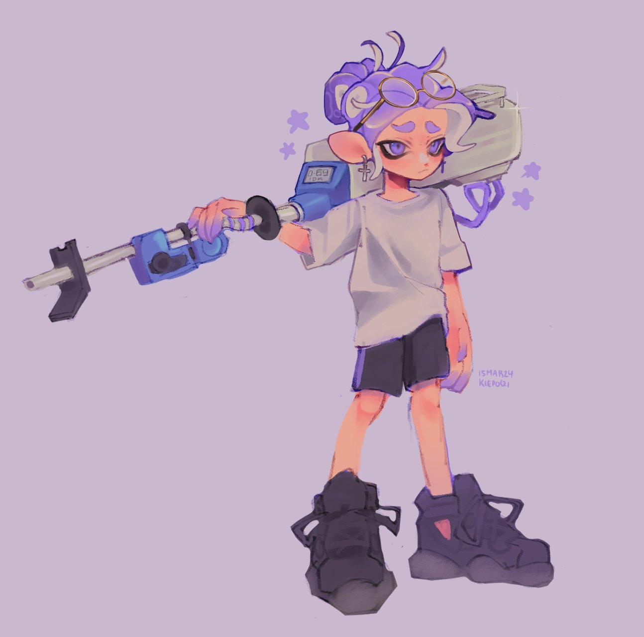 1boy black_footwear black_shorts closed_mouth commentary cross cross_earrings e-liter_4k_(splatoon) earrings english_commentary eyewear_on_head full_body grey_shirt gun high_tops highres holding holding_gun holding_weapon jewelry kiedoqi male_focus octoling octoling_boy octoling_player_character ponytail purple_background purple_hair round_eyewear shirt shoes short_hair shorts simple_background sneakers solo splatoon_(series) splatoon_3 standing star_(symbol) tentacle_hair thick_eyebrows violet_eyes weapon