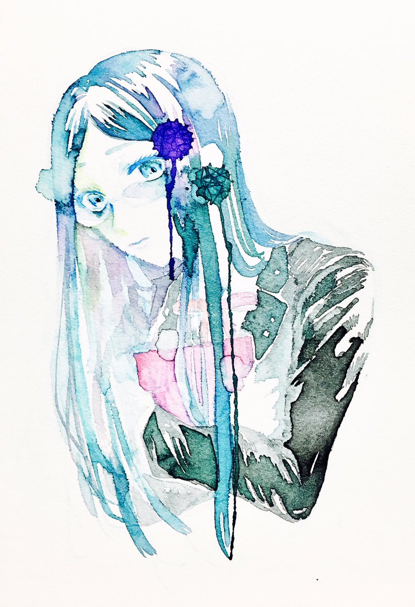 1girl 82utena black_jacket black_sleeves blazer blue-tinted_eyewear blue_eyes blue_flower blue_hair book bow bowtie buttons closed_mouth coattails collared_jacket colored_eyelashes commentary_request cropped_torso crossed_arms danganronpa_(series) danganronpa_v3:_killing_harmony expressionless flower hair_flower hair_ornament highres holding holding_book jacket long_hair long_sleeves looking_at_viewer orange_bow orange_bowtie painting_(medium) round_eyewear shirogane_tsumugi shirt simple_background solo straight_hair sunglasses tinted_eyewear traditional_media very_long_hair watercolor_(medium) white_background white_shirt