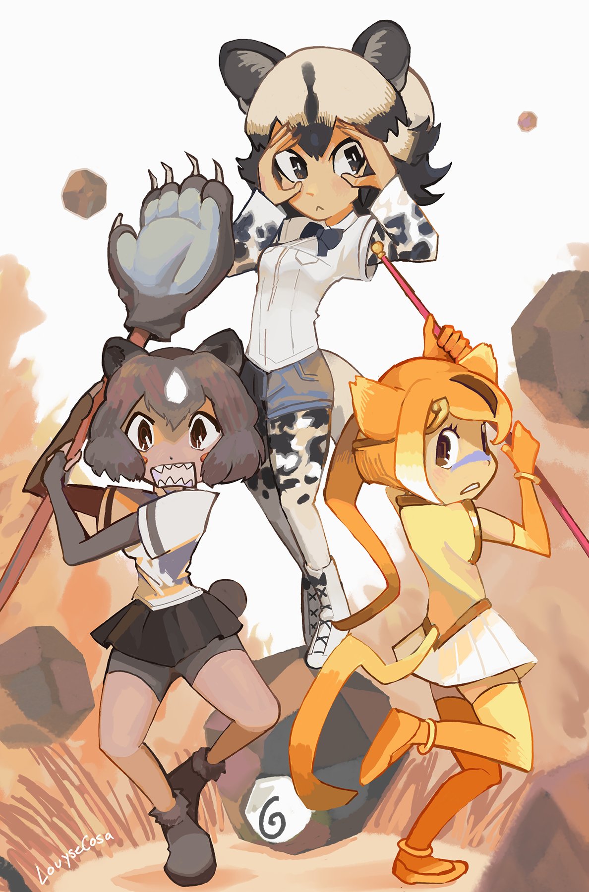 3girls :&lt; african_wild_dog_(kemono_friends) african_wild_dog_print alternate_skin_color animal_ears animal_print arms_up artist_name bear_ears bike_shorts bike_shorts_under_skirt black_eyes black_hair blush_stickers bo_staff bodystocking bow bowtie breast_pocket brown_bear_(kemono_friends) brown_eyes brown_hair cellien_(kemono_friends) chibi chibi_only circlet closed_mouth dark-skinned_female dark_skin denim denim_shorts dog_ears dog_girl dog_tail elbow_gloves fighting_stance fingerless_gloves foot_up full_body gloves golden_snub-nosed_monkey_(kemono_friends) grey_hair hair_ears highres holding holding_polearm holding_weapon kemono_friends layered_sleeves leotard long_hair long_sleeves looking_at_viewer louyse_cosa medium_hair microskirt miniskirt monkey_ears monkey_girl monkey_tail multicolored_hair multiple_girls open_mouth orange_hair orange_thighhighs parted_lips paw_stick pocket polearm print_sleeves rectangular_mouth sharp_teeth shirt shoes short_hair short_over_long_sleeves short_shorts short_sleeves shorts skirt standing standing_on_one_leg tail teeth thigh-highs two-tone_hair very_long_hair weapon white_hair white_shirt