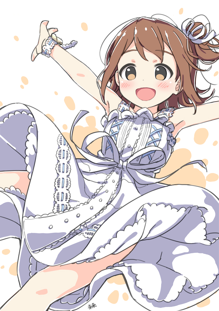 :d armpits bare_shoulders blush breasts brown_eyes brown_hair character_name dress feet_out_of_frame hand_out_of_frame idolmaster idolmaster_million_live! idolmaster_million_live!_theater_days kasuga_mirai kuresuku_(lessons) lace-trimmed_dress lace_trim medium_hair official_alternate_costume open_hand outstretched_arms petticoat pure_onepiece_(idolmaster) side_ponytail sidelocks simple_background sleeveless small_breasts smile spread_arms white_background white_dress