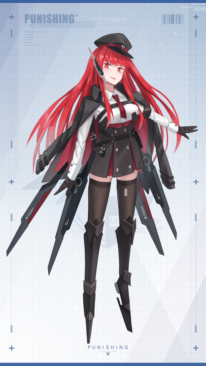0x4682b4 1girl alternate_costume black_jacket black_skirt collared_shirt copyright_name floating floating_object floating_weapon hat highres jacket long_hair long_sleeves mechanical_hands mechanical_legs military_hat necktie peaked_cap punishing:_gray_raven red_eyes red_jacket red_necktie redhead shirt skirt solo two-sided_fabric two-sided_jacket vera_(punishing:_gray_raven) white_hair