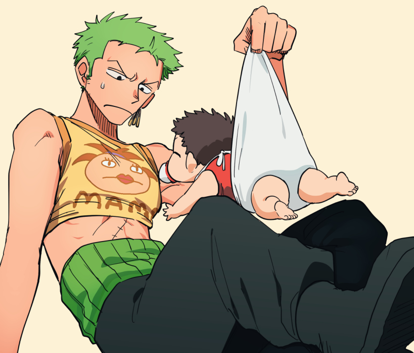 1boy 1other baby crop_top diaper earrings feet_out_of_frame green_hair haramaki holding_baby jewelry male_focus ns1123 one_piece pacifier roronoa_zoro scar scar_on_chest short_hair sideburns simple_background single_earring yellow_background